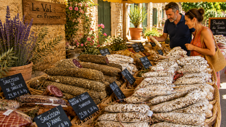 Étal de saucissons sur un marché provençal.