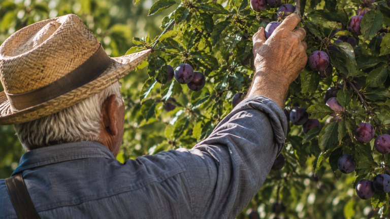 Cultivateur cueillant des prunes dans un verger, illustration de l'histoire de la prune de Brignoles.