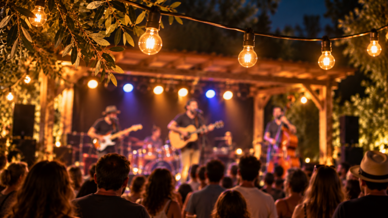 Concert solidaire en Provence Verte avec musiciens sur scène et public sous des guirlandes lumineuses.