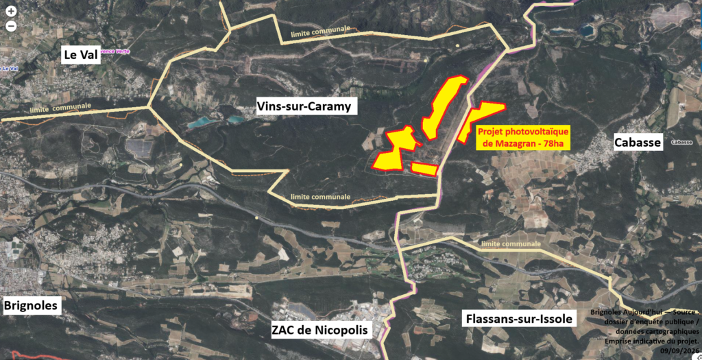Carte de localisation du projet photovoltaïque de Mazagran entre Vins-sur-Caramy et Cabasse.