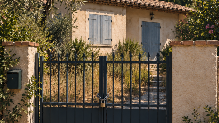 Maison provençale aux volets fermés derrière un portail verrouillé, illustration des difficultés de relogement après les incendies.